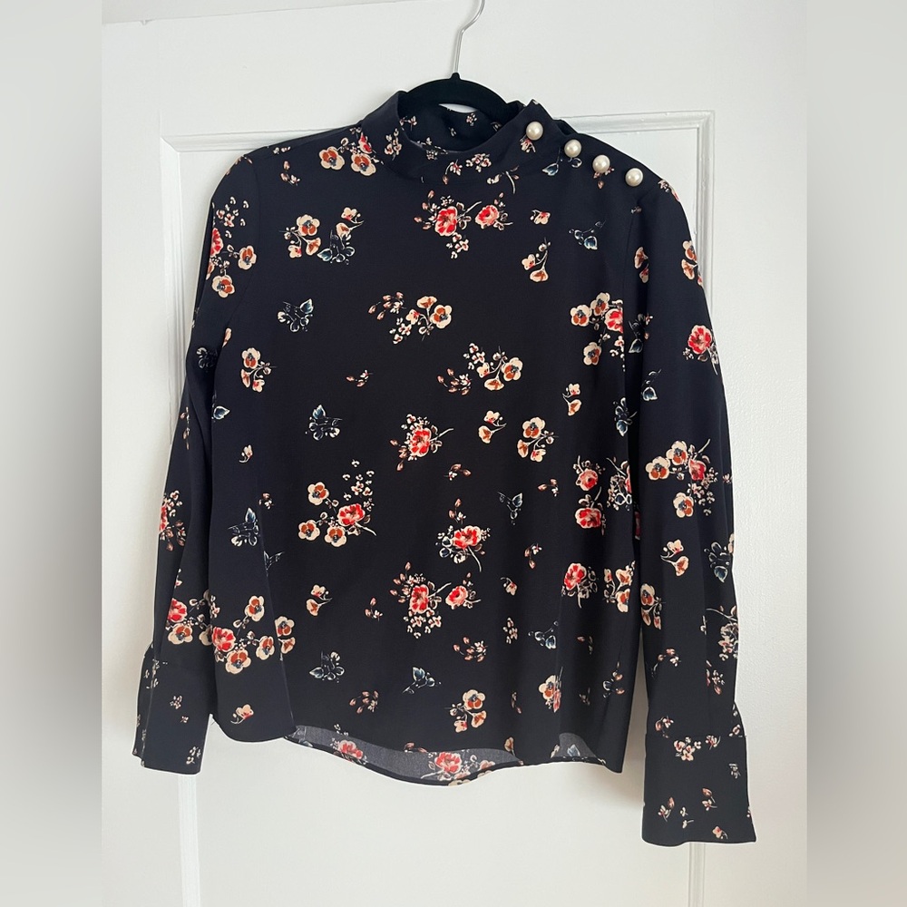 Floral Navy Blouse with Pearl Buttons